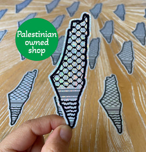 Palestine Map Glitter Sticker with Kuffiyeh Design