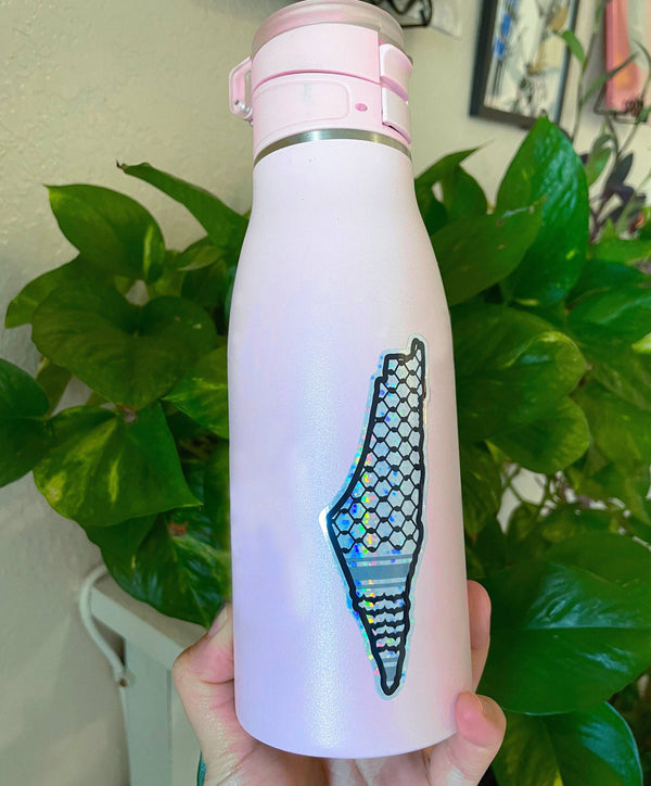 Palestine Map Glitter Sticker with Kuffiyeh Design