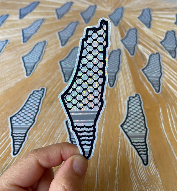 Palestine Map Glitter Sticker with Kuffiyeh Design